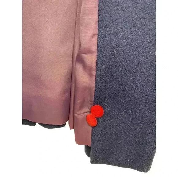 Girls Vintage 6x Rothschild Navy Wool Dress Coat Red Velvet Trim Complete W/ Tie - Picture 6 of 11